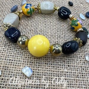 Chunky Blue sandstone Sunstone/Goldstone beaded bracelet/handmade/bohemian maxi